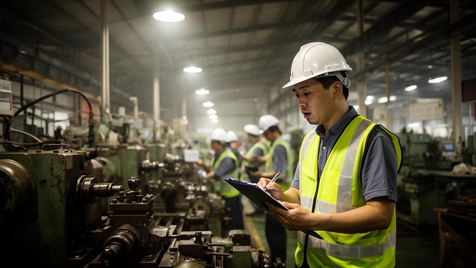 Forensic auditor on a Chinese factory floor verifying production for a Western importer